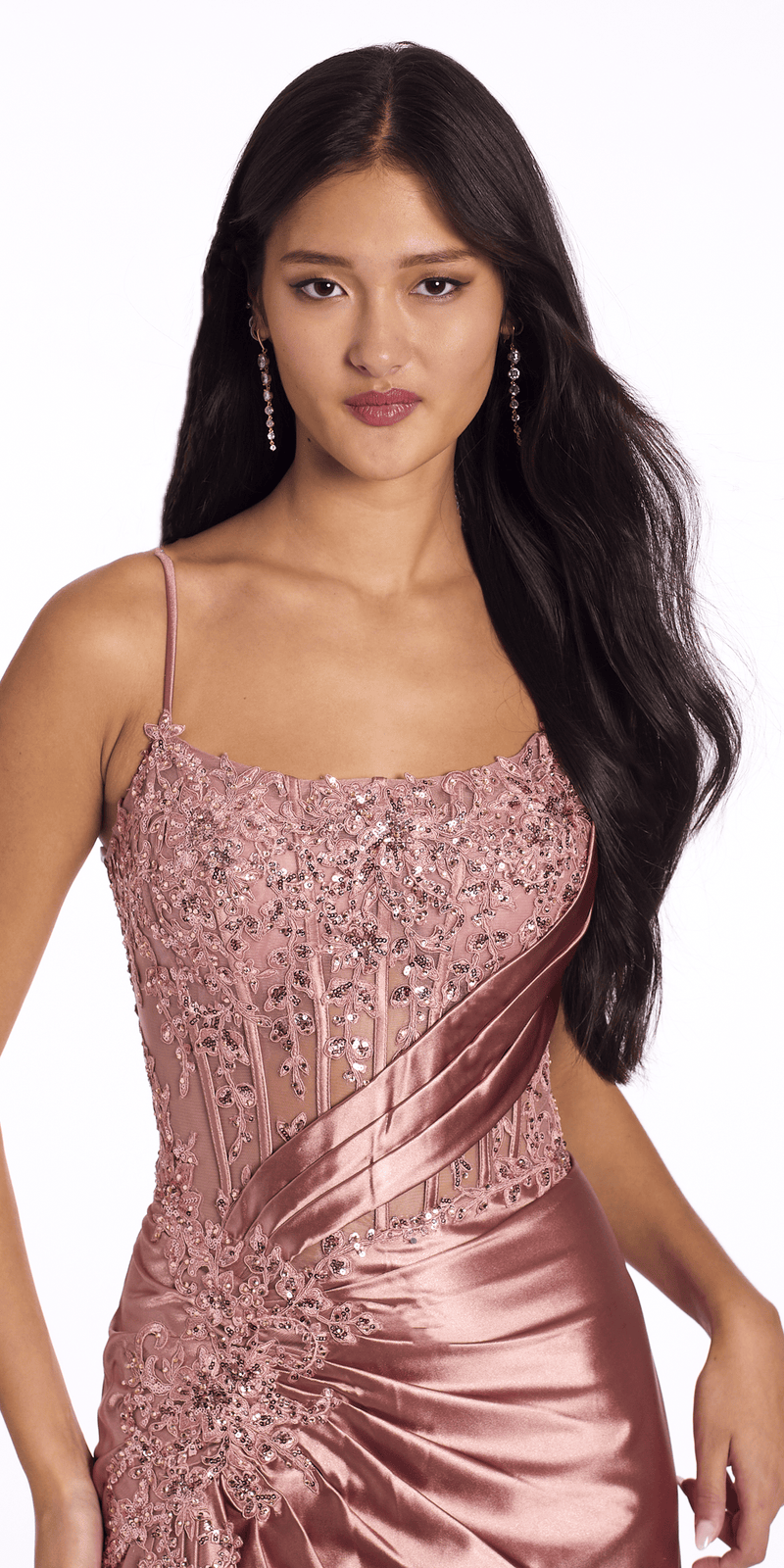 Camille La Vie Stretch Satin Scoop Neck Beaded Corset Column Dress with Side Cascade