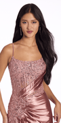 Camille La Vie Stretch Satin Scoop Neck Beaded Corset Column Dress with Side Cascade