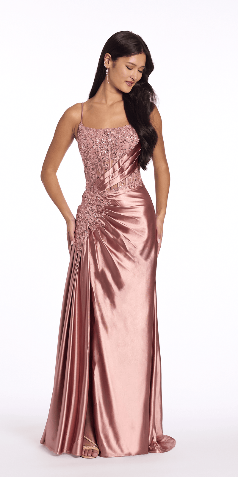 Camille La Vie Stretch Satin Scoop Neck Beaded Corset Column Dress with Side Cascade missy / 0 / rose-gold