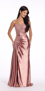 Camille La Vie Stretch Satin Scoop Neck Beaded Corset Column Dress with Side Cascade missy / 0 / rose-gold