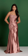 Camille La Vie Stretch Satin Scoop Neck Beaded Corset Column Dress with Side Cascade