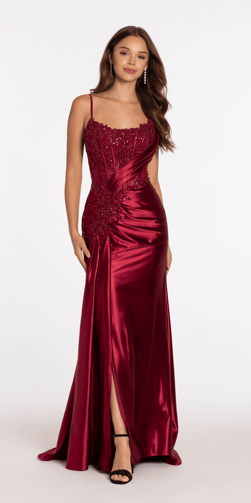 Stretch Satin Scoop Neck Beaded Corset Column Dress with Side Cascade Camille La Vie Stretch Satin Scoop Neck Beaded Corset Column Dress with Side Cascade Camille La Vie