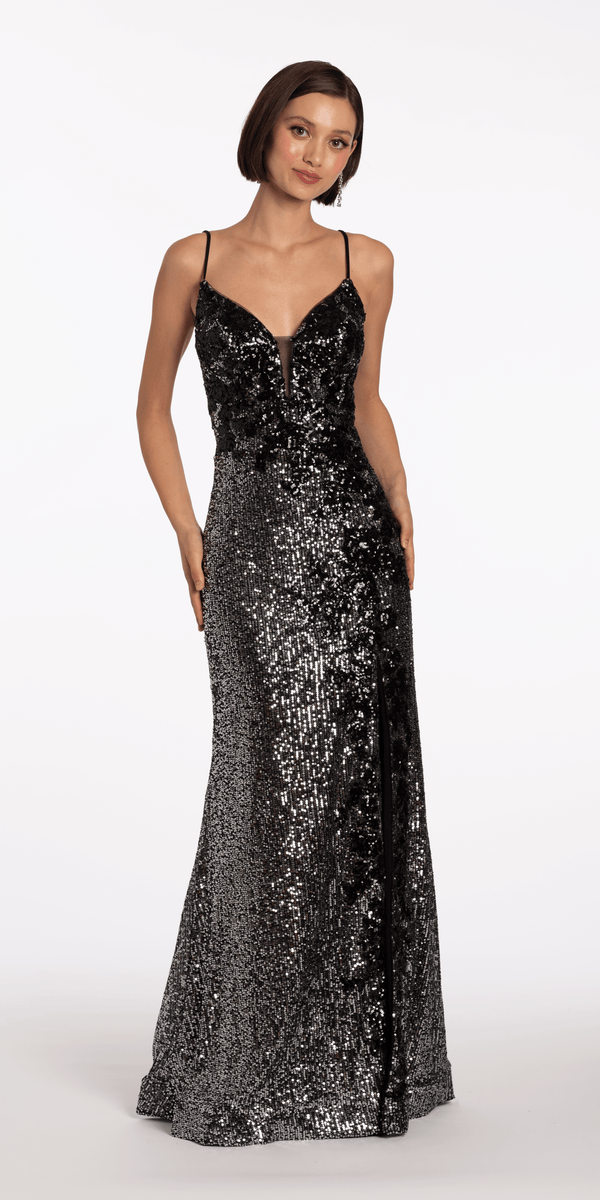 silver-black/size/4/missy/Camille La Vie/Plunging Sequin Sweetheart Corset Back Column Dress/front alt 2