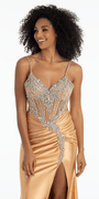 gold/size/4/missy/Camille La Vie/Spandex Satin Sweetheart Corset Trumpet Dress with Rhinestone Detail/close up