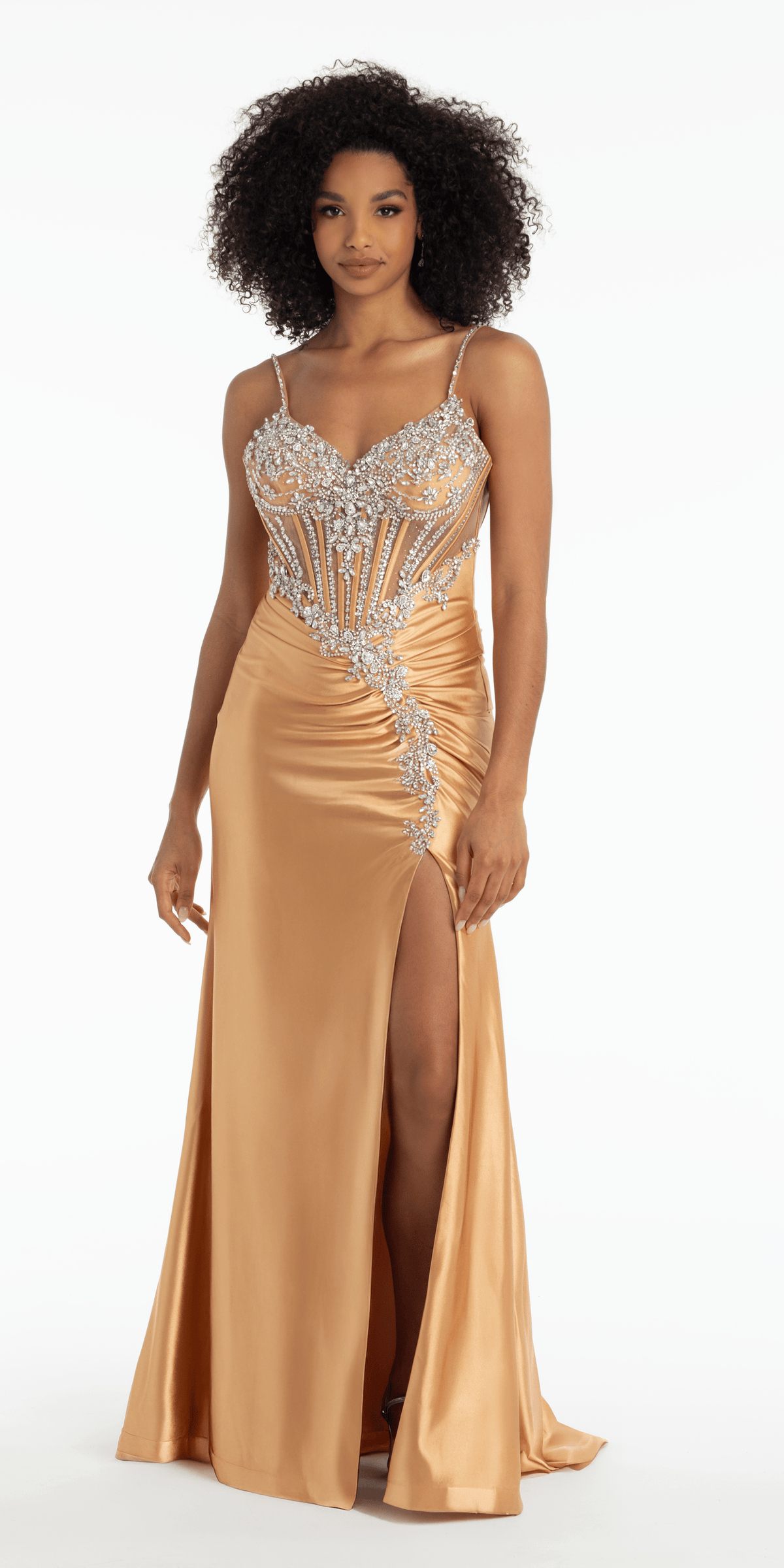 gold rhinestone dress long Spandex Satin Sweetheart Corset Trumpet Dress with Rhinestone Detail missy / 10 / gold