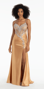 gold/size/4/missy/Camille La Vie/Spandex Satin Sweetheart Corset Trumpet Dress with Rhinestone Detail /front 