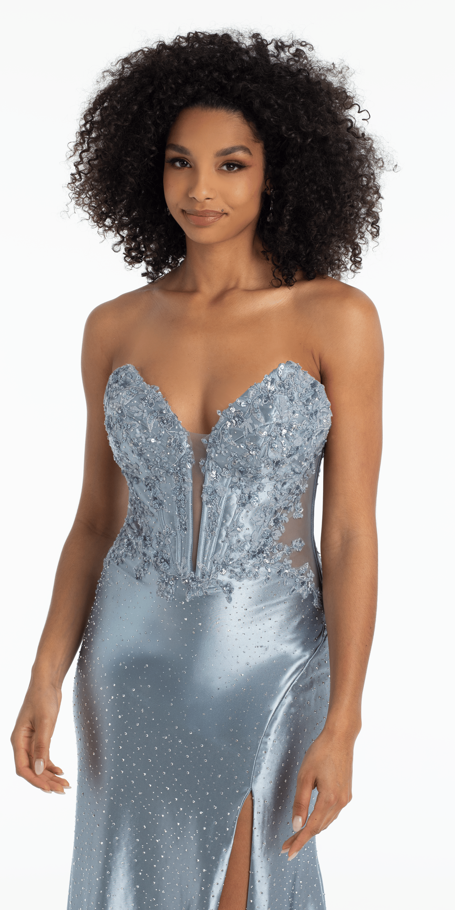 Strapless Embroidered Plunge Corset Trumpet Dress with Heat Set