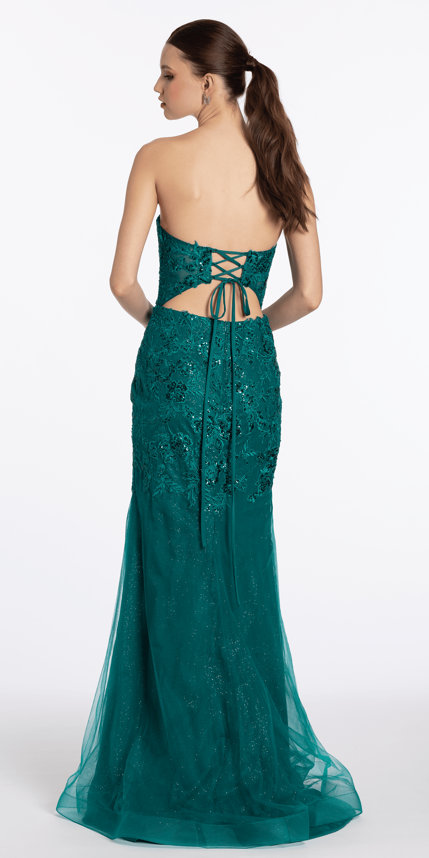 emerald/size/4/missy/Camille La Vie/Strappy Back Strapless Embroidered Mesh Corset Column Dress /back