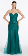 emerald/size/4/missy/Camille La Vie/Strappy Back Strapless Embroidered Mesh Corset Column Dress /front