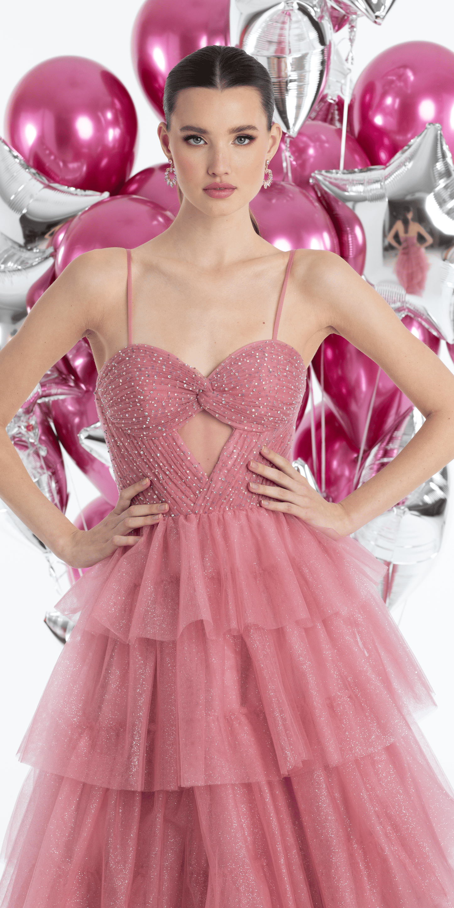 rose/size/4/missy/Camille La Vie/Pleated Peek-a-Boo-Sweetheart Tulle Tiered Ballgown with Heat Set Stones /close up