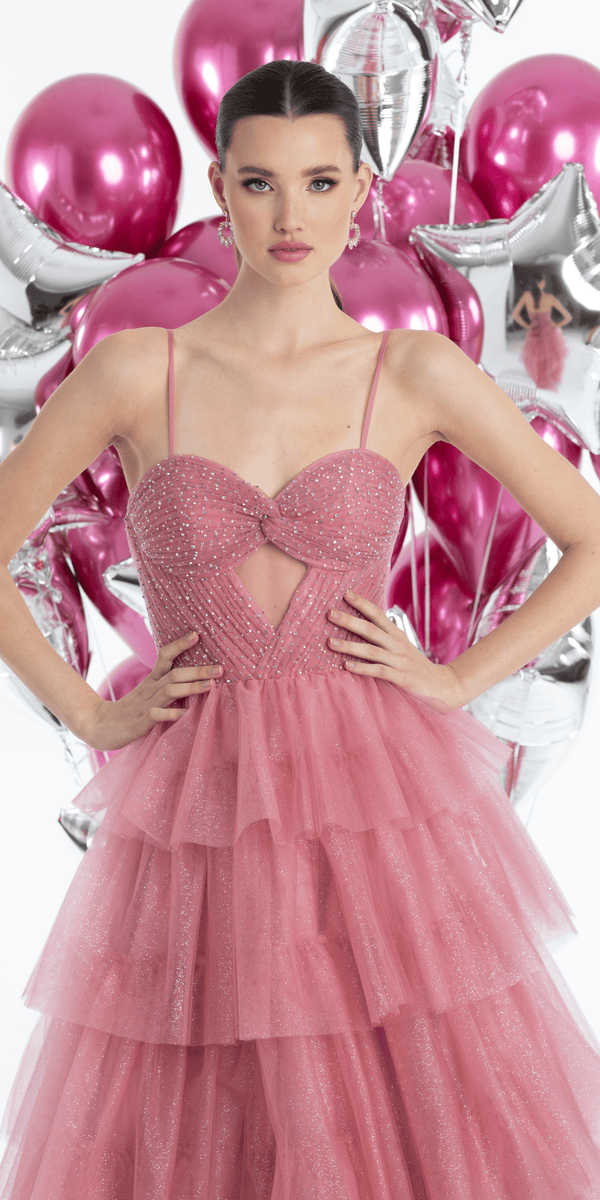 rose/size/4/missy/Camille La Vie/Pleated Peek-a-Boo-Sweetheart Tulle Tiered Ballgown with Heat Set Stones /close up