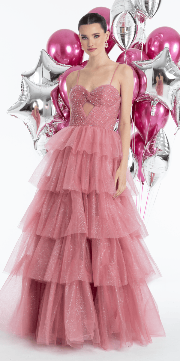 rose/size/4/missy/Camille La Vie/Pleated Peek-a-Boo-Sweetheart Tulle Tiered Ballgown with Heat Set Stones /front alt