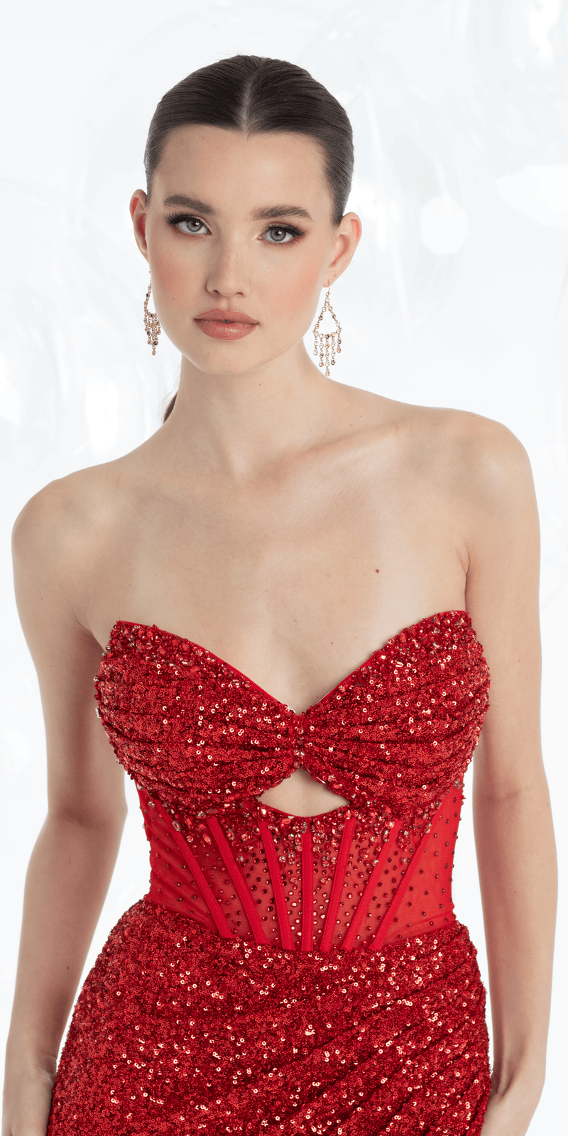 red/size/4/missy/ Camille La Vie/Strapless Sequin Peek-a-Boo Corset Trumpet Dress/close up alt