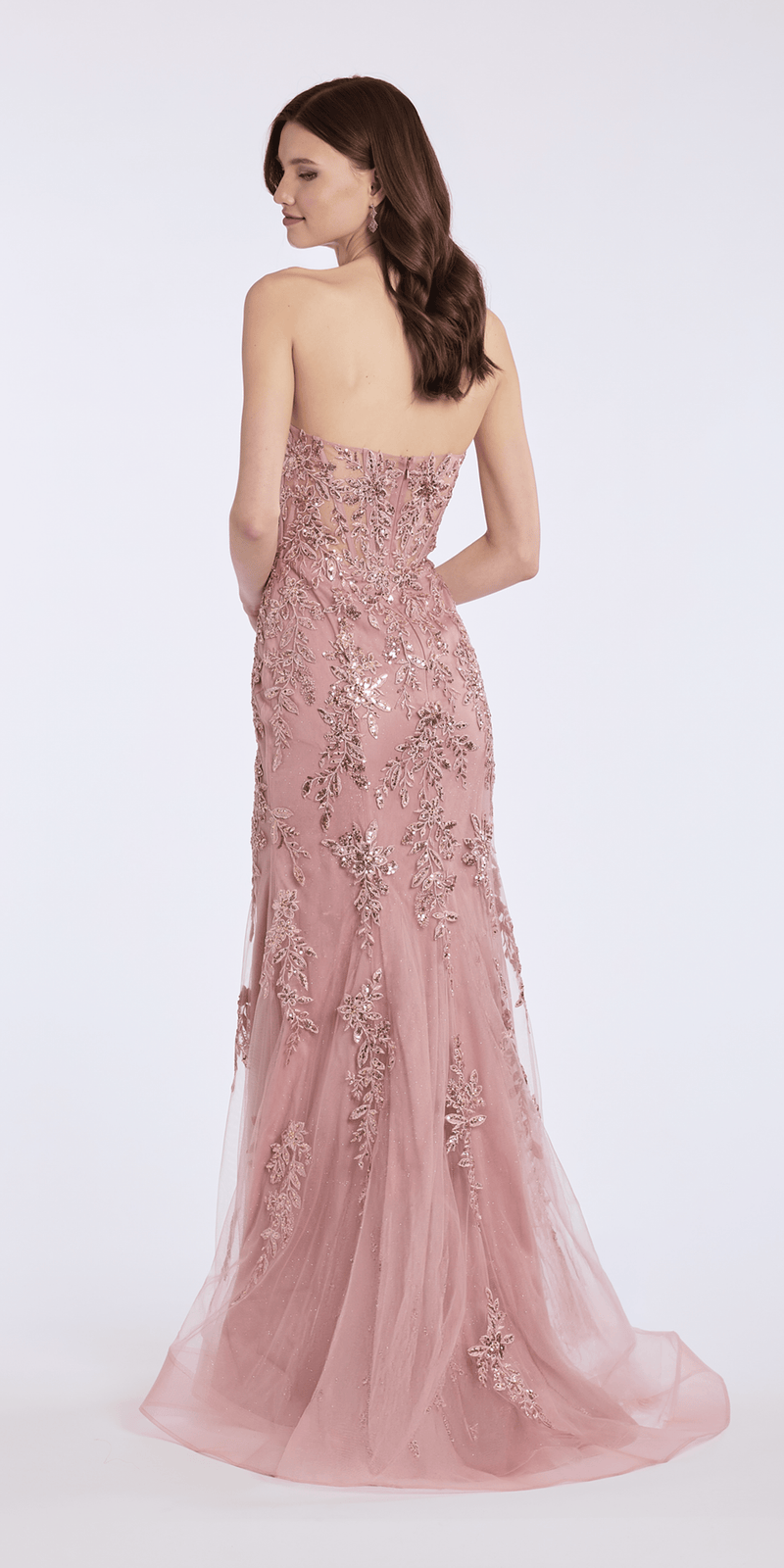 Camille La Vie Strapless Mesh Embroidered Sequin Corset Column Dress