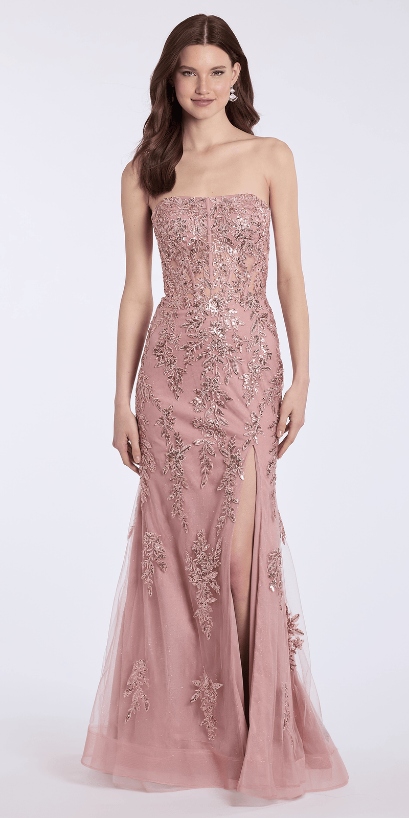 dusty-rose/size/4/missy/Camille La Vie Strapless Mesh Embroidered Sequin Corset Column Dress/front alt