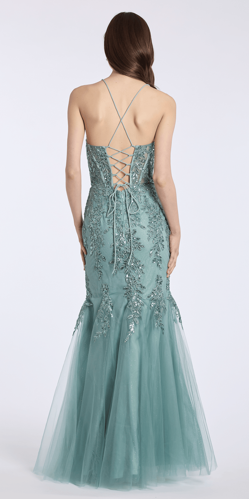 sage/size/4/missy/Camille La Vie Sweetheart Embroidered Glitter Tulle Corset Mermaid Dress with Godets/back