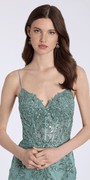 sage/size/4/missy/Camille La Vie Sweetheart Embroidered Glitter Tulle Corset Mermaid Dress with Godets/closeup