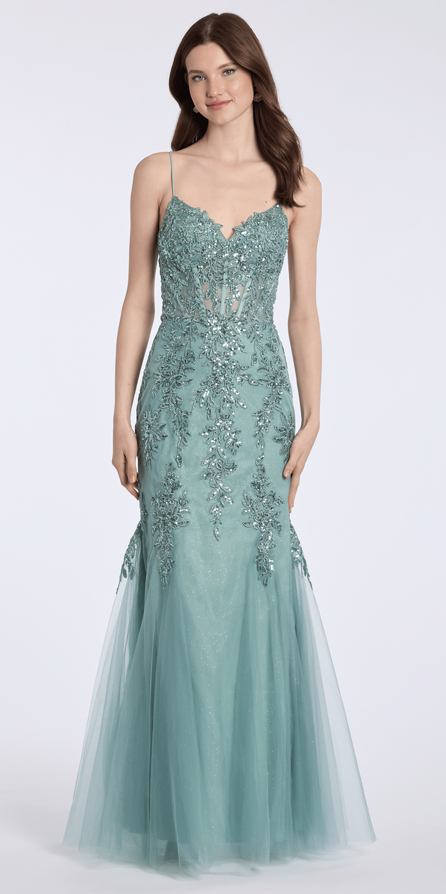 sage/size/4/missy/Camille La Vie Sweetheart Embroidered Glitter Tulle Corset Mermaid Dress with Godets/front