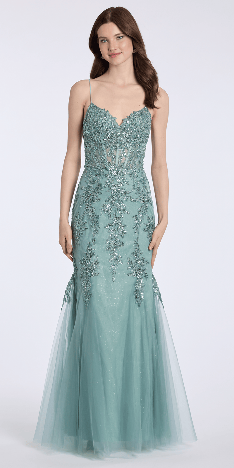 sage/size/4/missy/Camille La Vie Sweetheart Embroidered Glitter Tulle Corset Mermaid Dress with Godets/front
