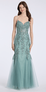sage/size/4/missy/Camille La Vie Sweetheart Embroidered Glitter Tulle Corset Mermaid Dress with Godets/front
