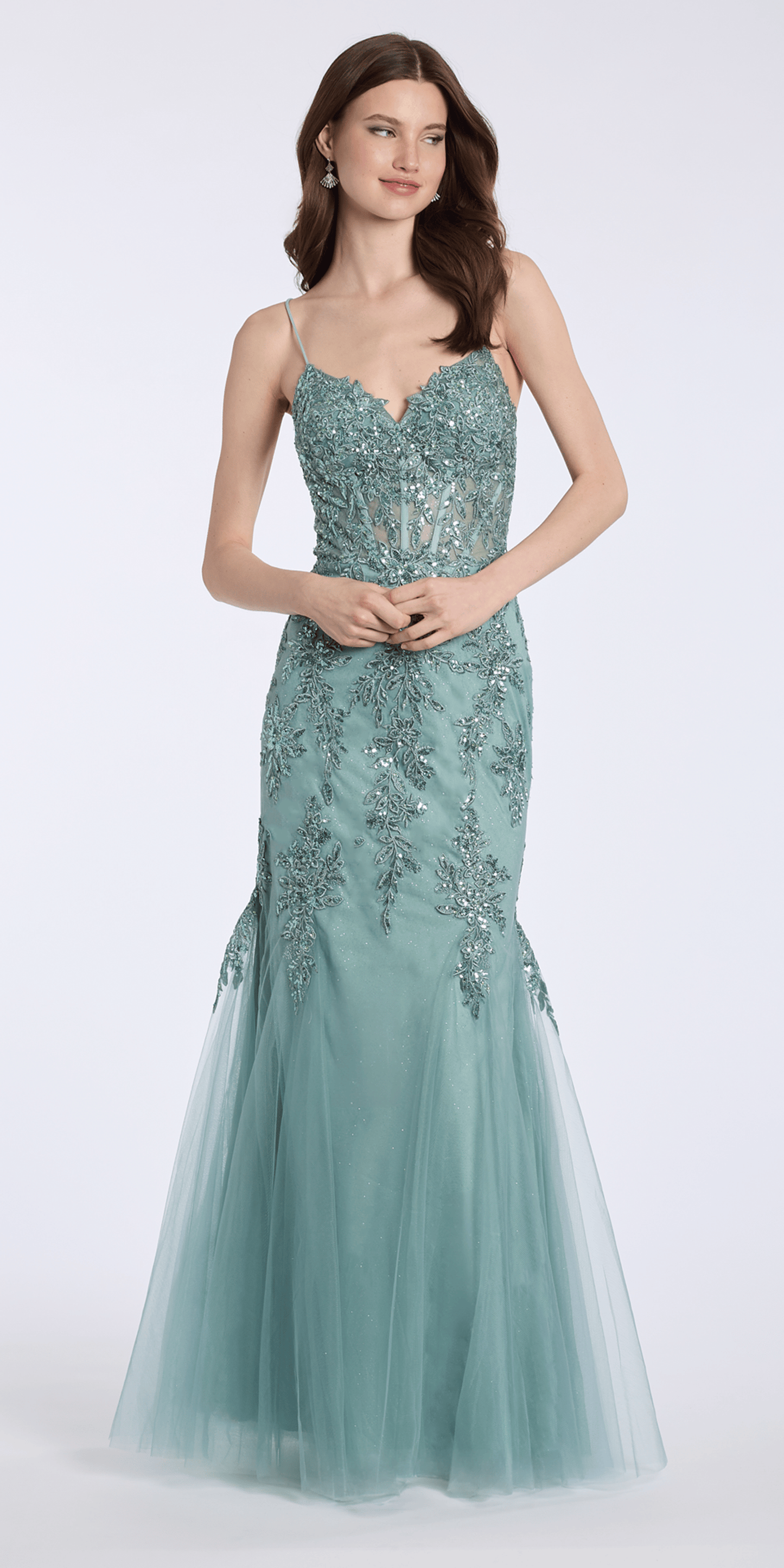sage/size/4/missy/Camille La Vie Sweetheart Embroidered Glitter Tulle Corset Mermaid Dress with Godets/front alt