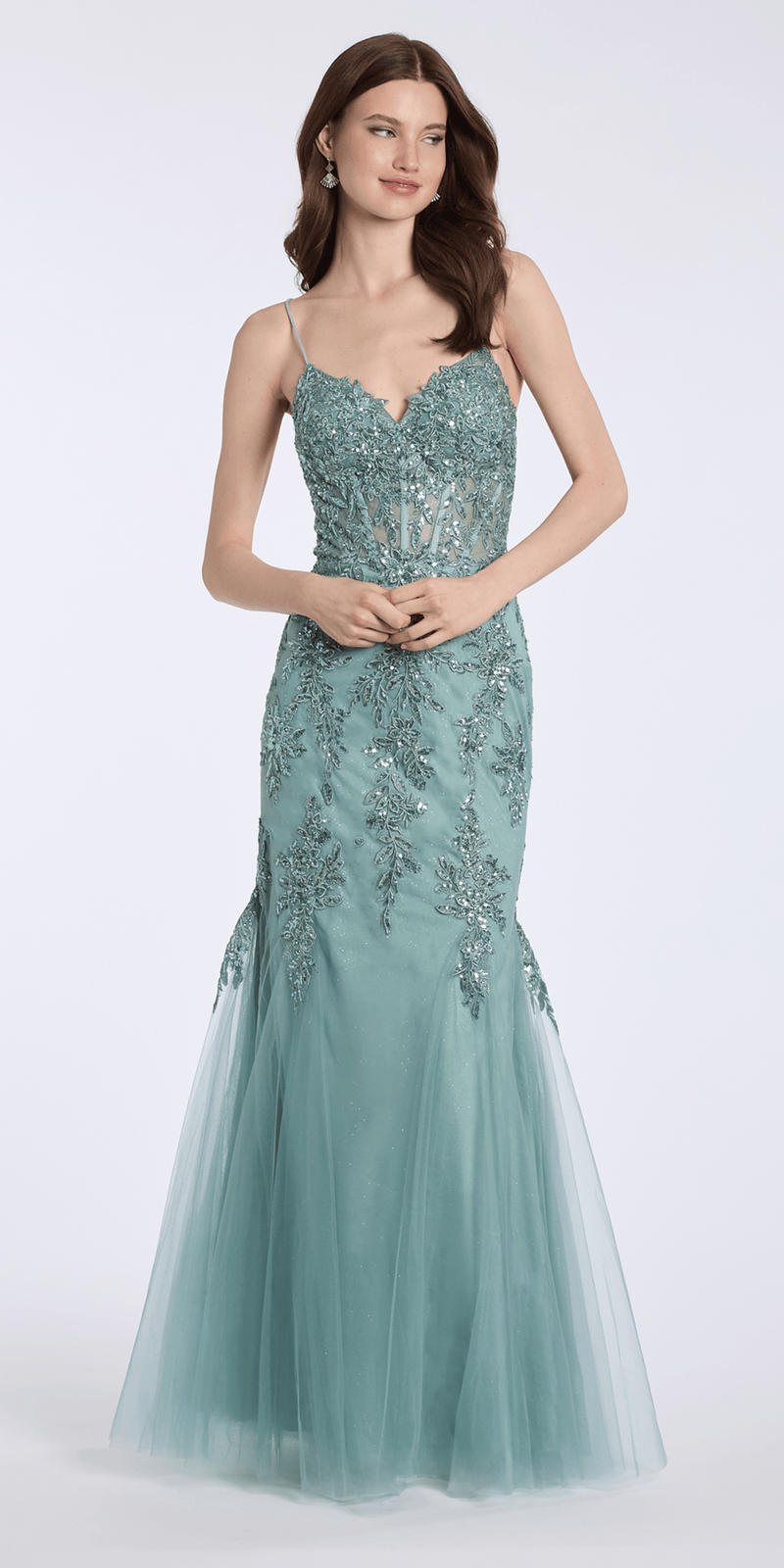 sage/size/4/missy/Camille La Vie Sweetheart Embroidered Glitter Tulle Corset Mermaid Dress with Godets/front alt