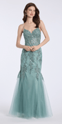 sage/size/4/missy/Camille La Vie Sweetheart Embroidered Glitter Tulle Corset Mermaid Dress with Godets/front alt