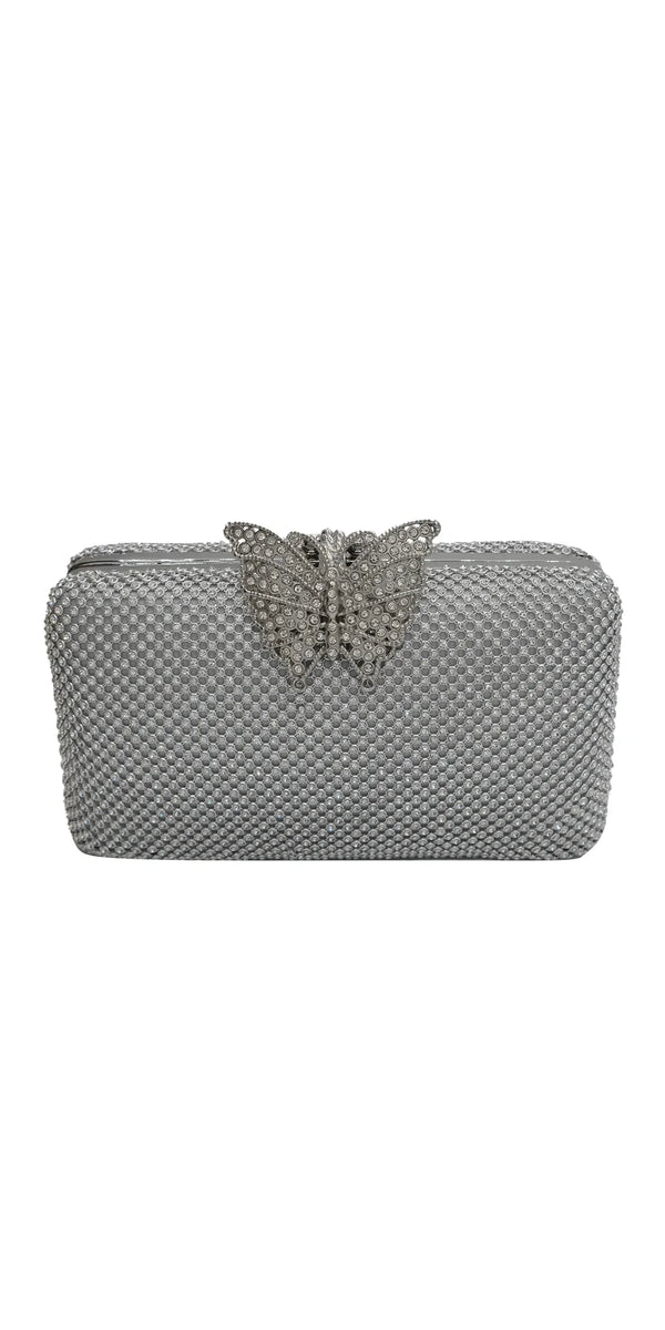 silver/no size/Camille La Vie/Mesh Rhinestone Handbag with Butterfly Top Clasp/front