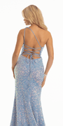 One Keyhole Shoulder Sequin Lace Up Back Mermaid Dress with Side Slit Image 4