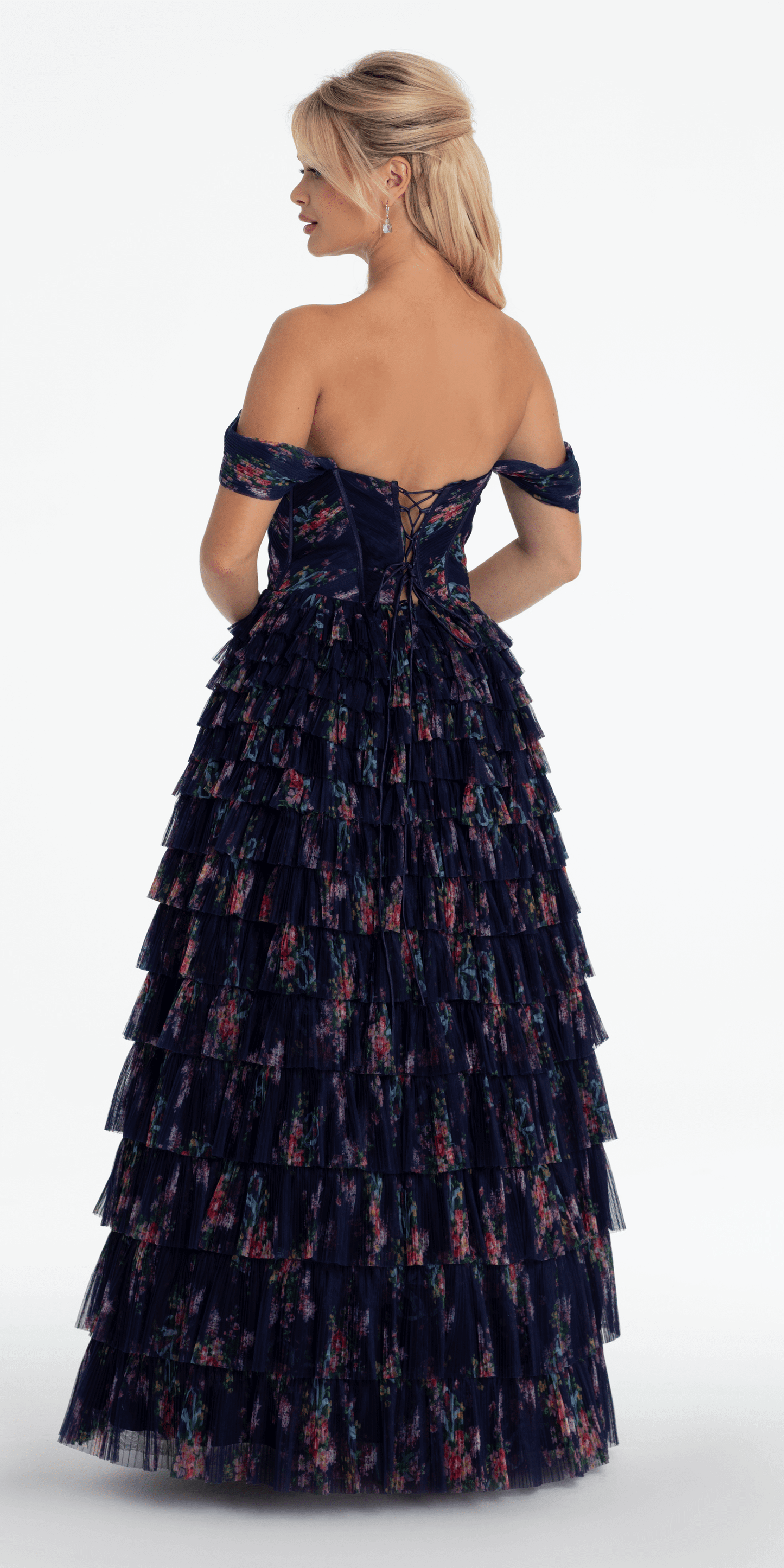 Camille La Vie /Print Mesh Off the Shoulder Tiered Corset Ballgown/ missy /size/ 0/ navy/ back
