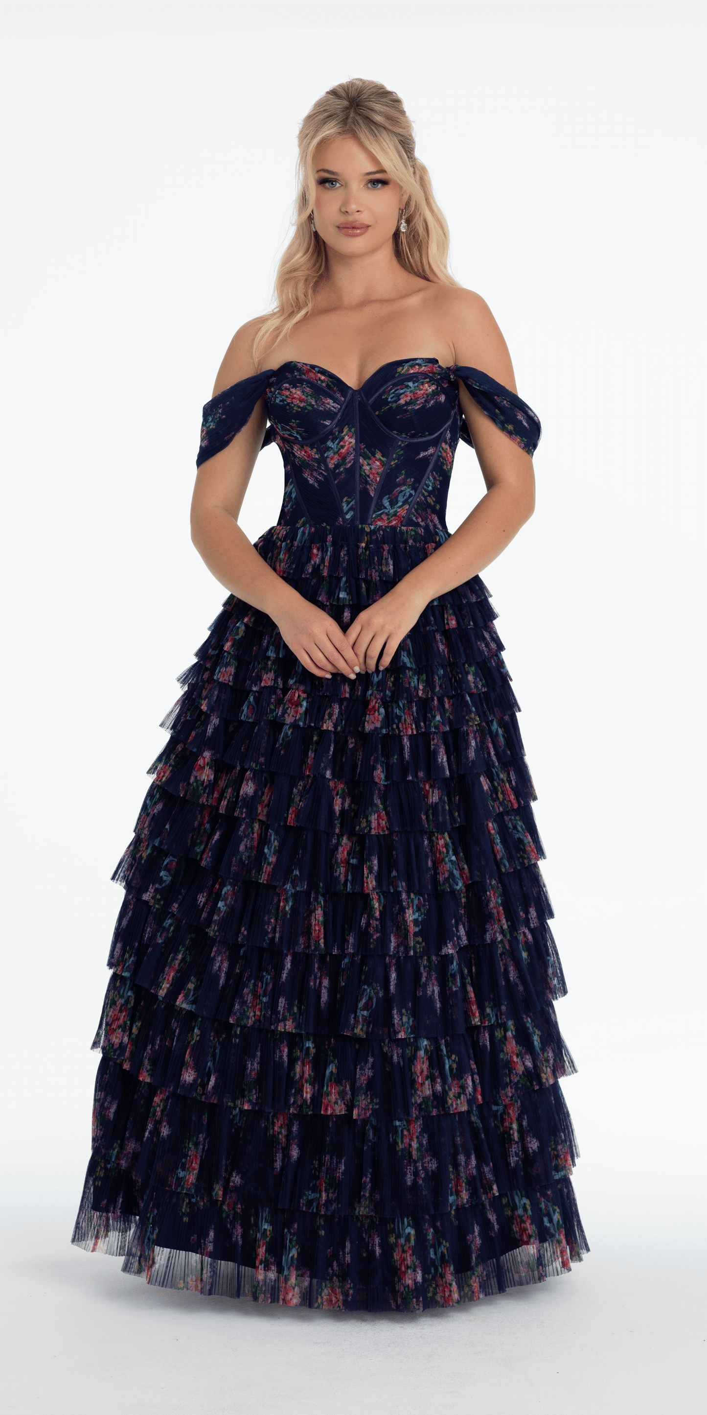 Camille La Vie /Print Mesh Off the Shoulder Tiered Corset Ballgown/ missy /size/ 0/ navy/ front