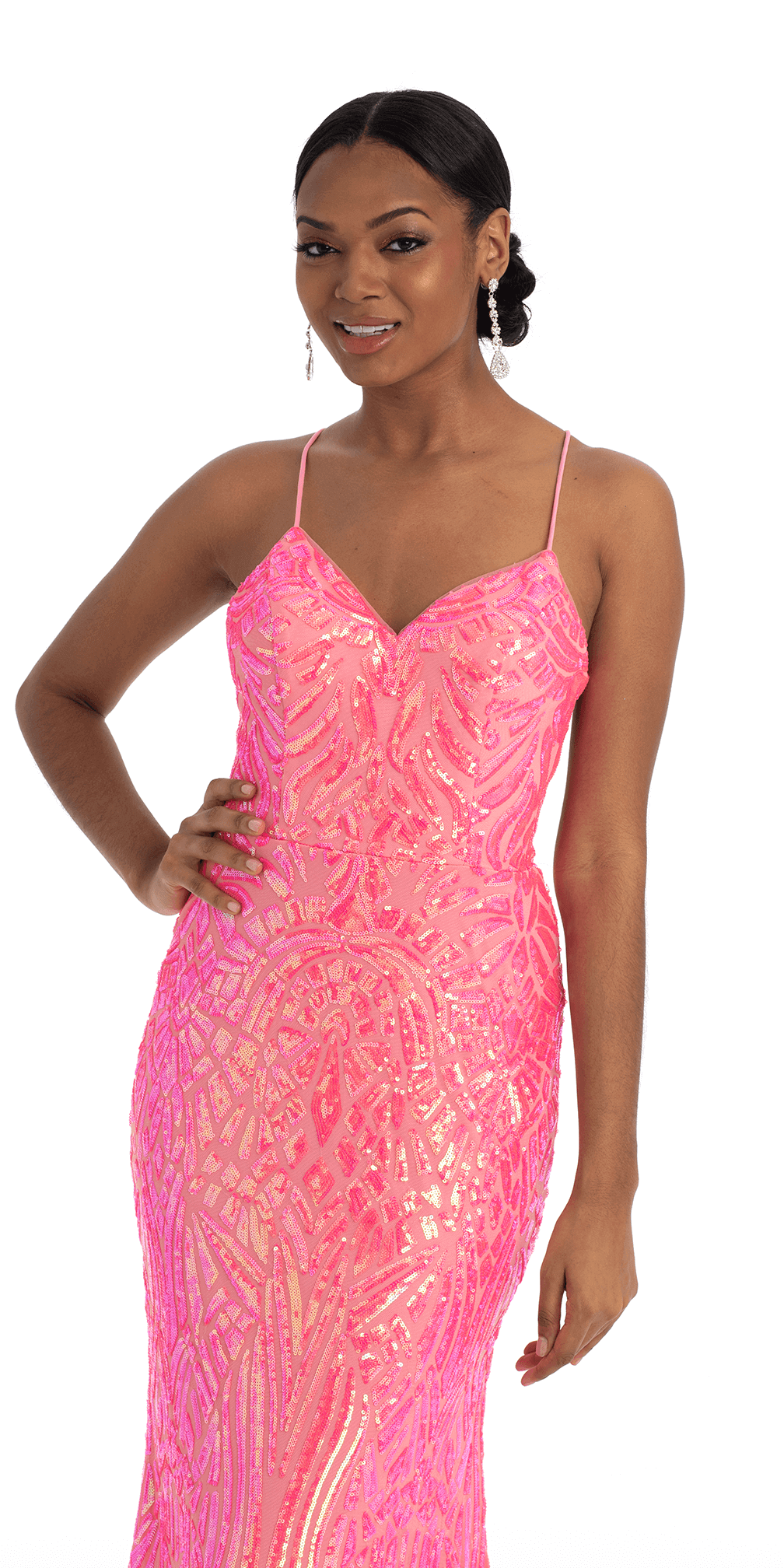 bright-pink/size/0/missy/Camille La Vie/Abstract Sequin Lace Up Back Trumpet Dress/front alt