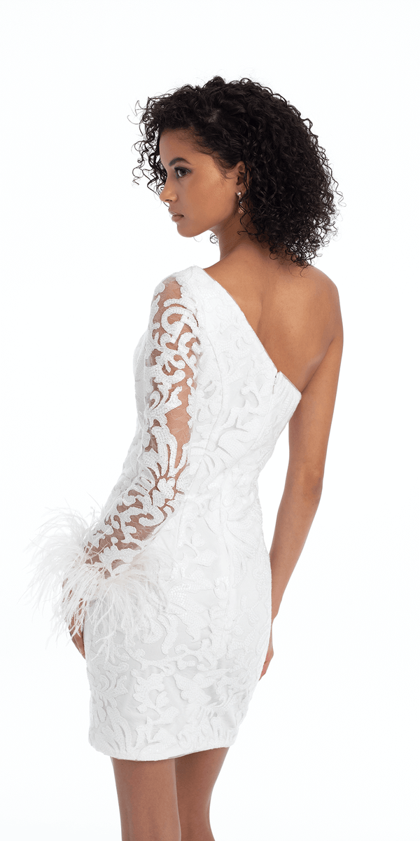 Sequin One Shoulder Feather Trim Dress Image 2