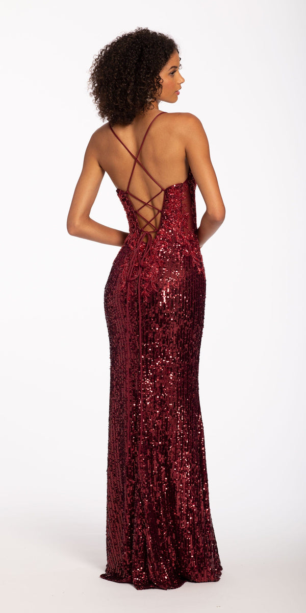 Sequin Lace Up Back Dress with Beaded Appliques Image 2