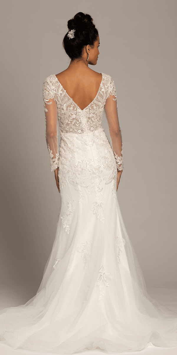 Floral Embroidered Plunging Long Sleeve Tulle Trumpet Dress - missy / 14 / ivory Floral Embroidered Plunging Long Sleeve Tulle Trumpet Dress - missy / 14 / ivory