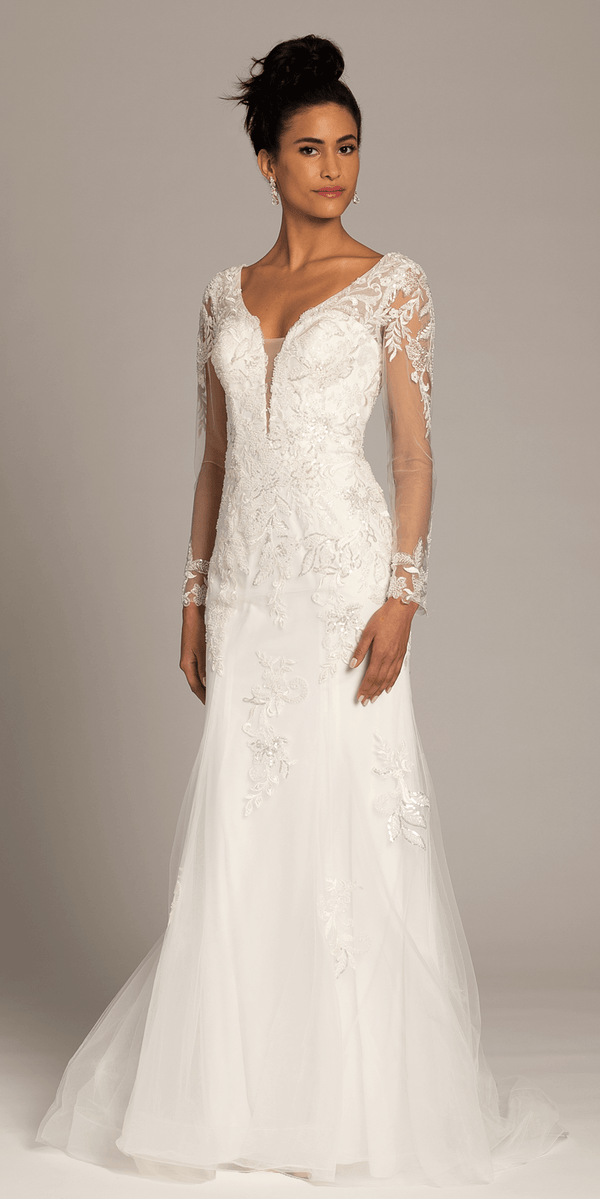 Floral Embroidered Plunging Long Sleeve Tulle Trumpet Dress - missy / 14 / ivory Floral Embroidered Plunging Long Sleeve Tulle Trumpet Dress - missy / 14 / ivory