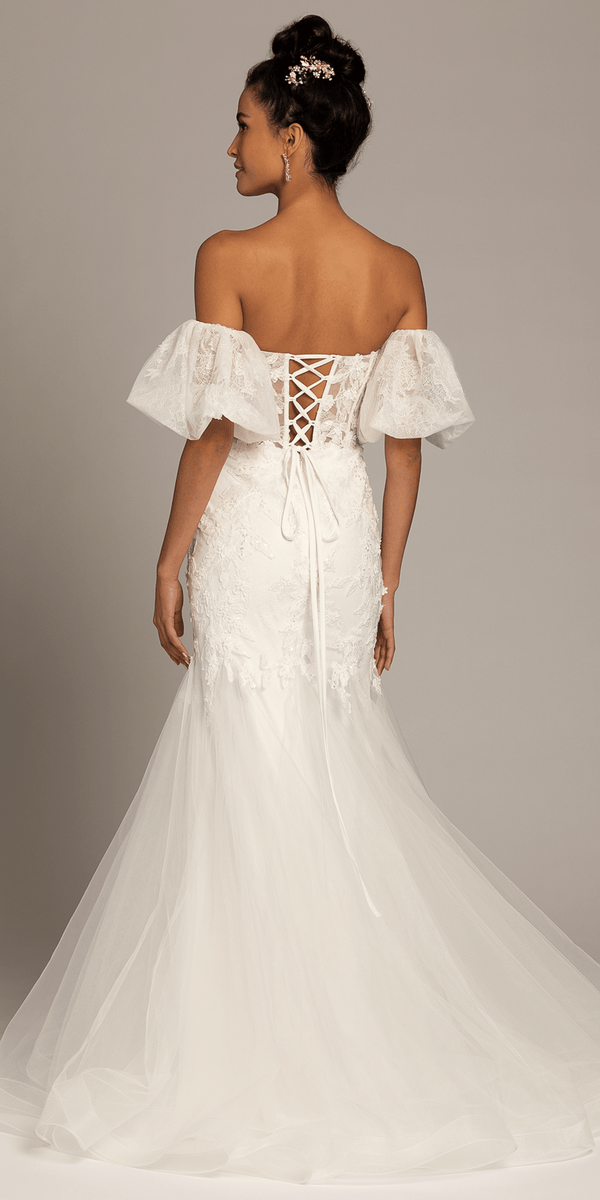 Corset Tie Back Embellished Tulle Mermaid Dress with Detachable Sleeves Image 4