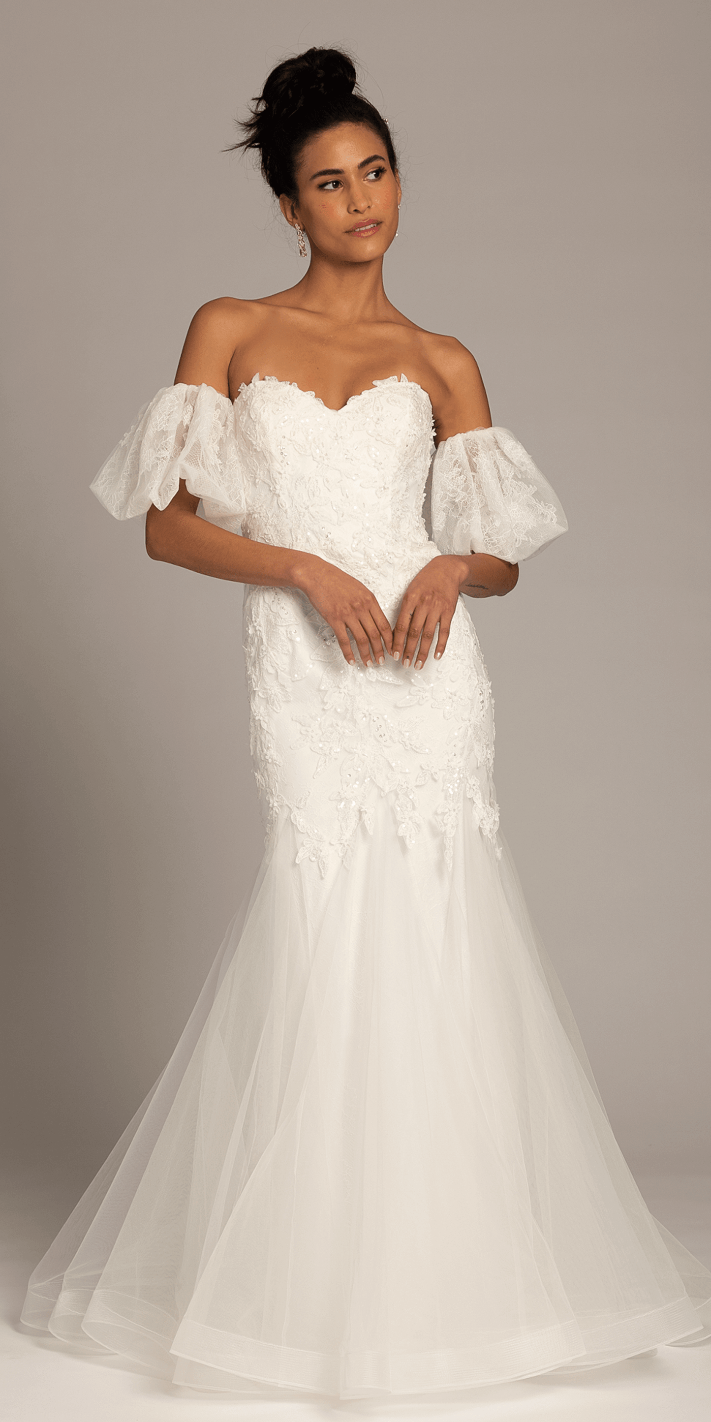 Camille La Vie/ Corset Tie Back Embellished Tulle Mermaid Dress with Detachable Sleeves/missy/size/0/ivory/front