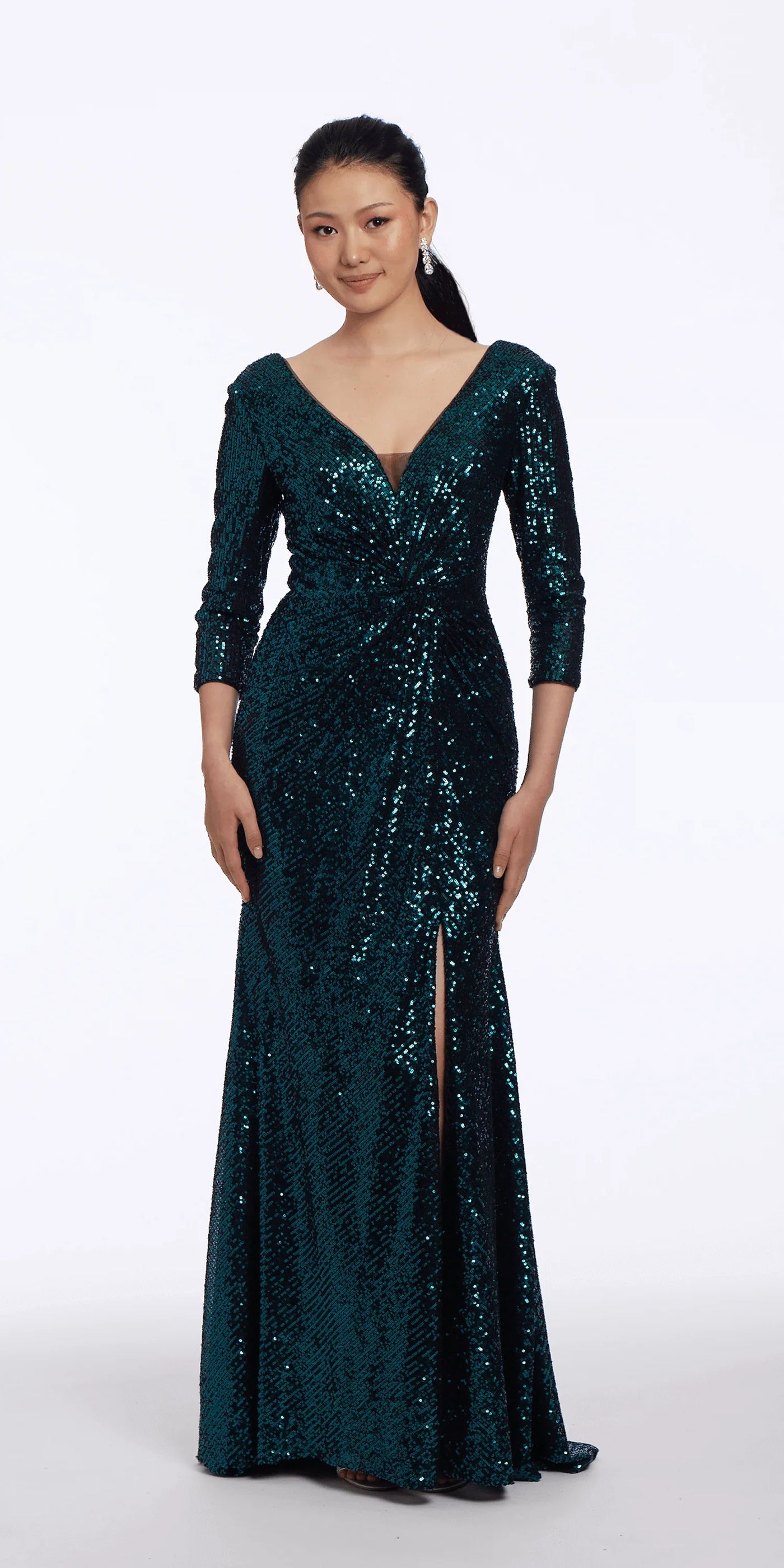 Sequin V Back 3/4 Sleeve Column with Ruching – Camille La Vie
