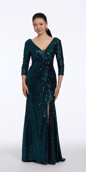 Sequin V Back 3/4 Sleeve Column Dress with Ruching Image 1
