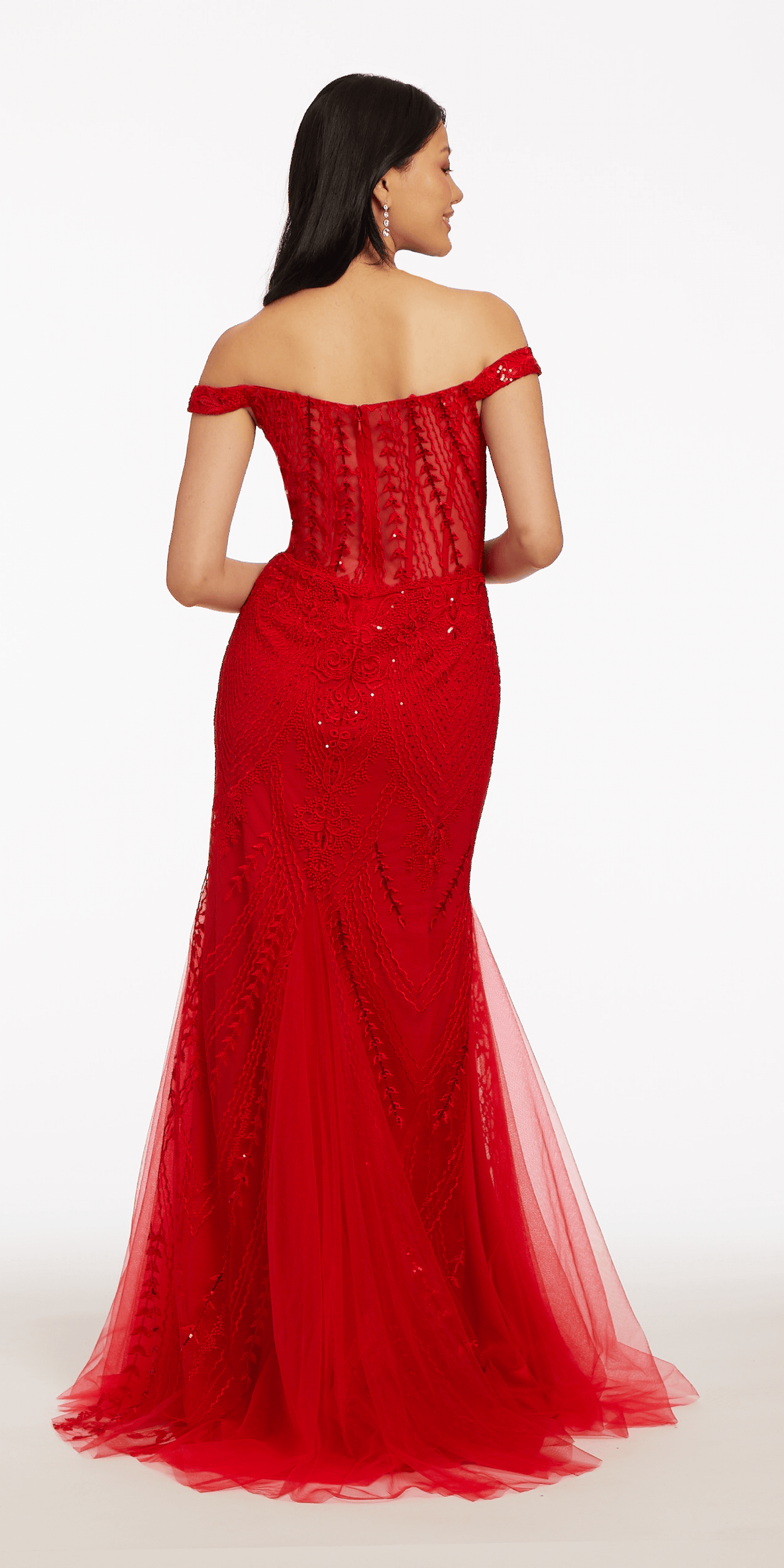 Camille La Vie Plunging Embroidered Off the Shoulder Trumpet Dress with Mesh Godets