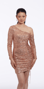 One Shoulder Long Sleeve Sequin Dress with Side Drawstring Image 1