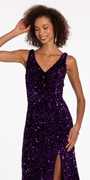 V Neck Sequin Velvet Trumpet Dress with Side Slit Image 4