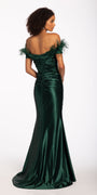 Off the Shoulder Feather Stretch Satin Ruched Dress with Side Slit Image 2