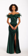 Off the Shoulder Feather Stretch Satin Ruched Dress with Side Slit Image 1