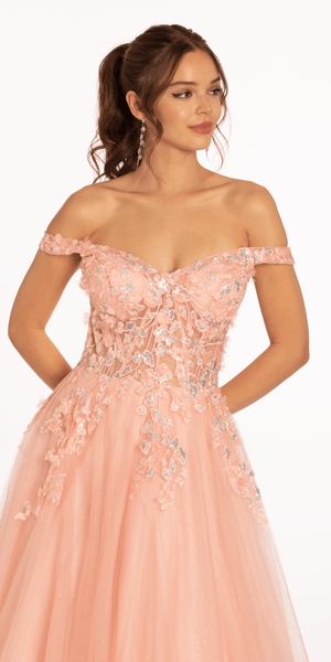 3 D Floral Embroidered Off the Shoulder Ballgown Image 3