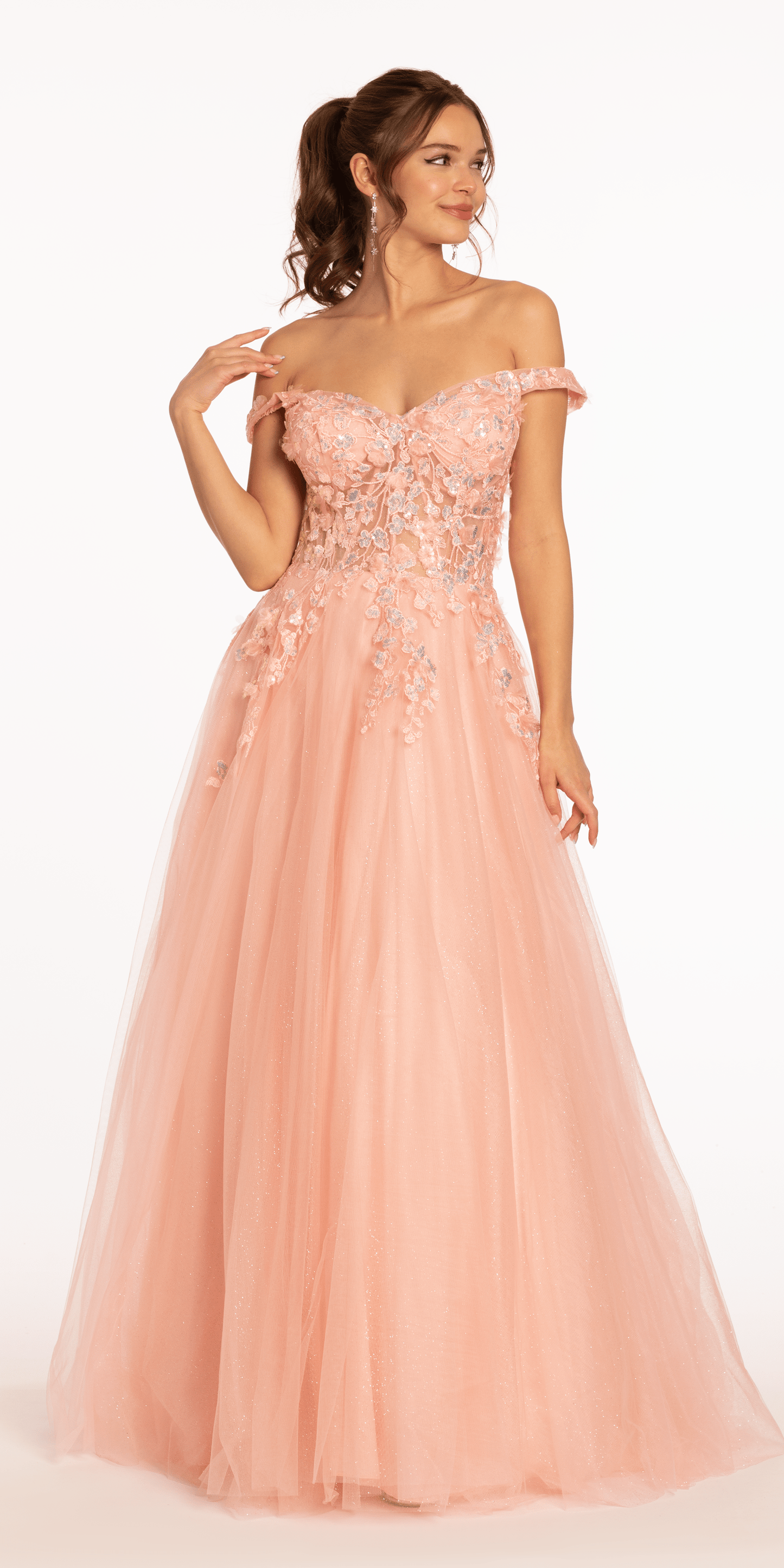 3 D Floral Embroidered Off the Shoulder Ballgown - missy / 0 / blush