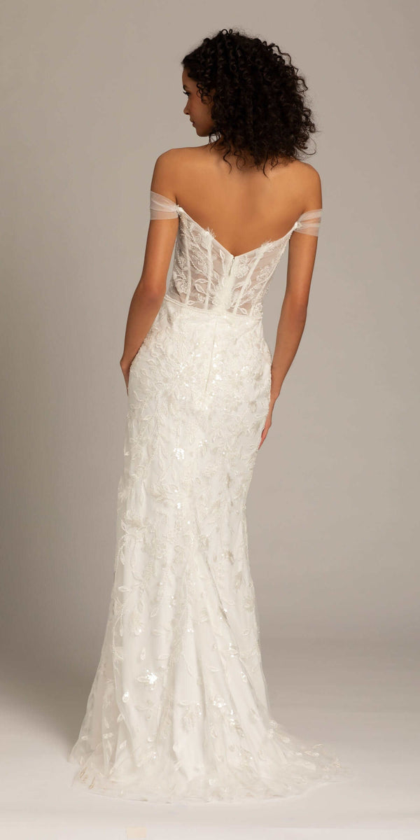 Off the Shoulder Tulle Plunging Beaded Trumpet Dress missy / 20 / ivory Off the Shoulder Tulle Plunging Beaded Trumpet Dress missy / 20 / ivory