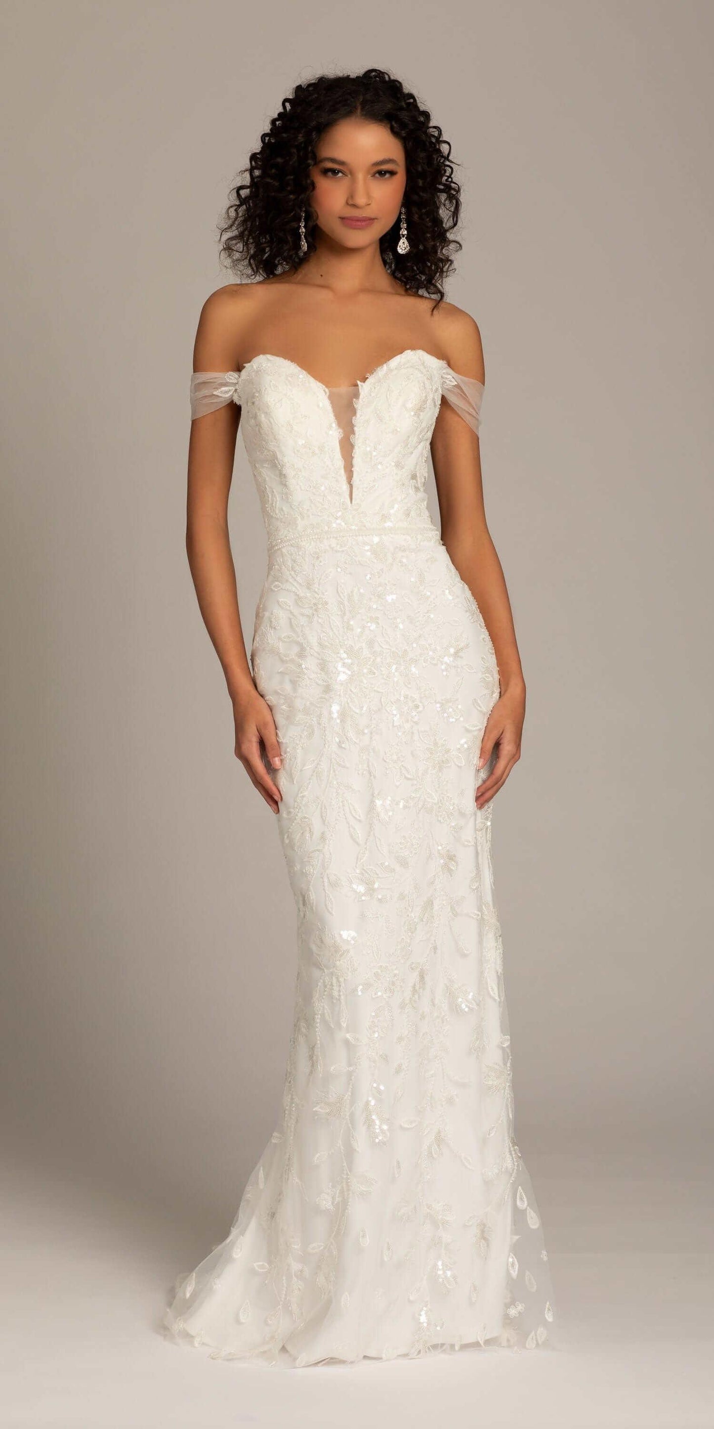 ivory/size/4/missy/Camille La Vie/Off the Shoulder Tulle Plunging Beaded Trumpet Dress /front 1