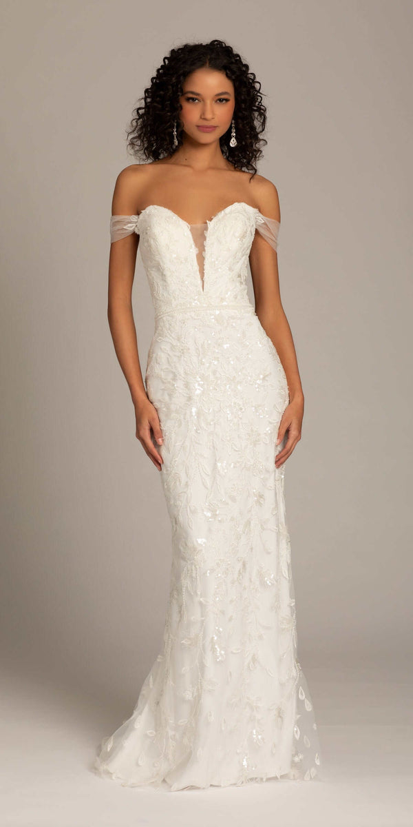 Off the Shoulder Tulle Plunging Beaded Trumpet Dress missy / 20 / ivory Off the Shoulder Tulle Plunging Beaded Trumpet Dress missy / 20 / ivory